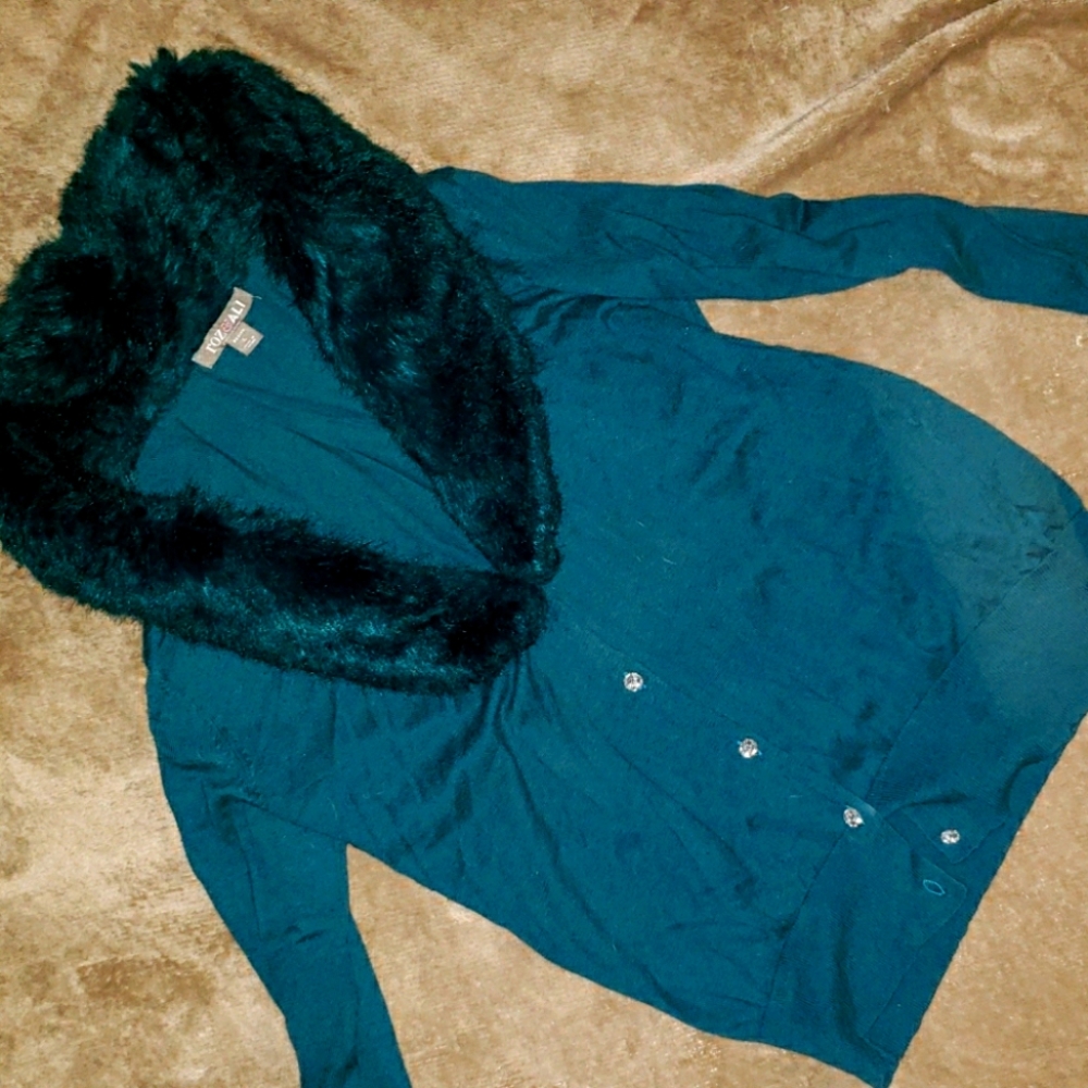 Emerald Green Button Up Sweater Faux Furry Collar